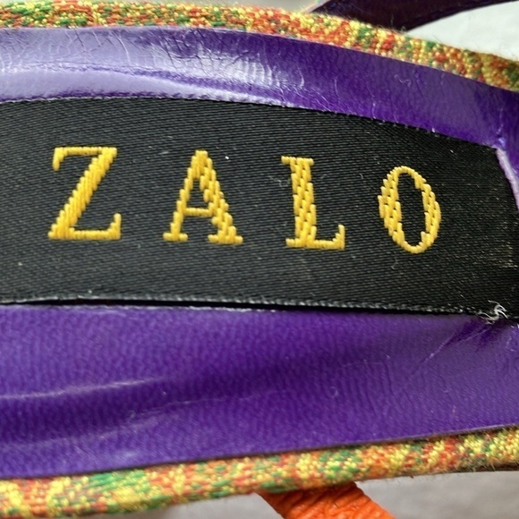 Zalo: Yellow/Orange heeled, paisley sandals- sunburst on top of sandals- 6 - Picture 2 of 16